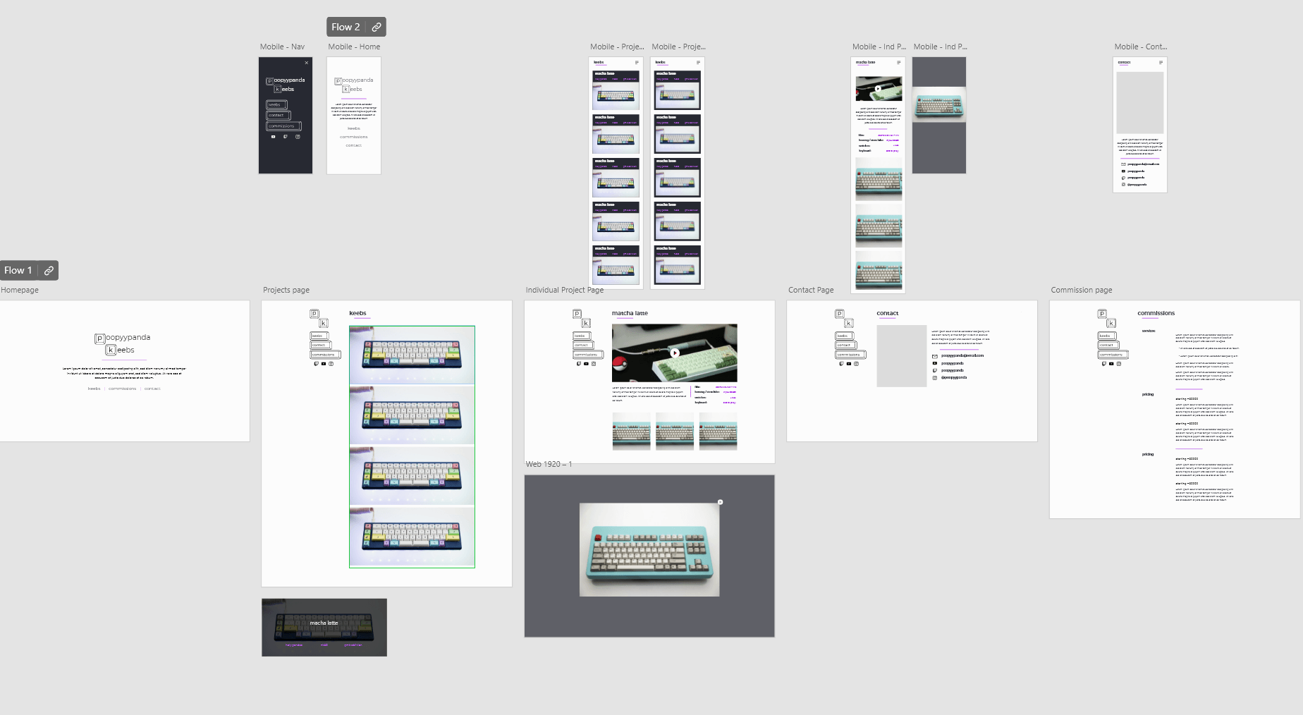 A screenshot showing mockups of the different pages of the poopyypanda keebs website