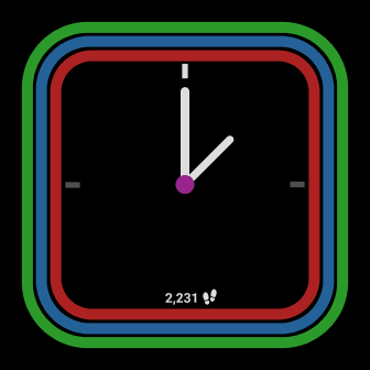 An image showing the first design of the watch face with the rings in the shape of a squircle.