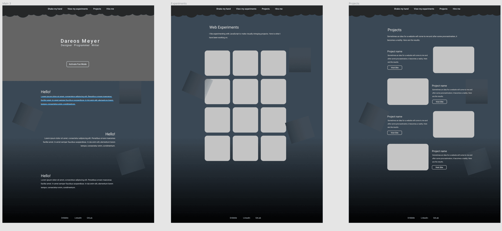 An image of early wireframes for the personal site