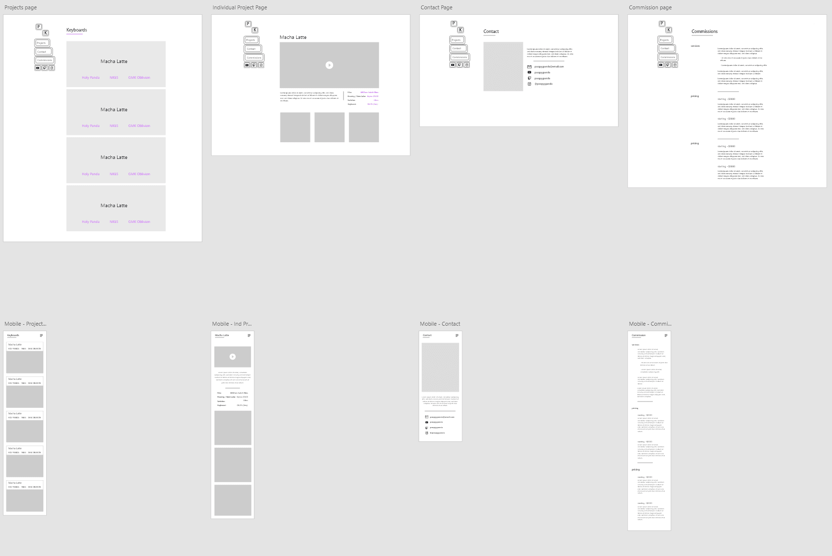 A screenshot showing the low fidelity mockups of the poopyypanda keebs site
